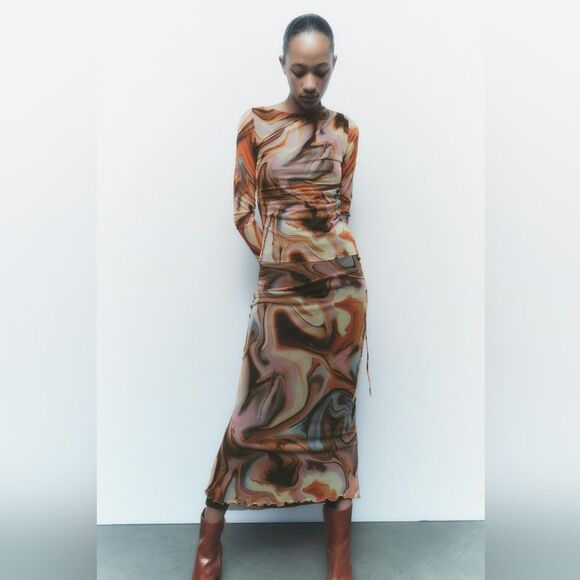 ZARA SET Printed tulle โSet Top And Skirt Organge Beige Brown Combiation - Picture 14 of 16